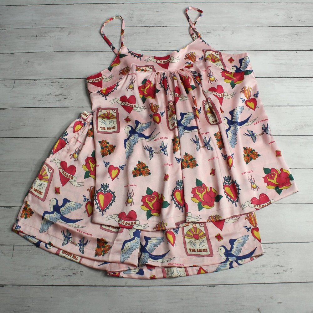 Their Nibs Women's Satin Shortie Pajama Set Size L Mon Coeur Love Birds Cami